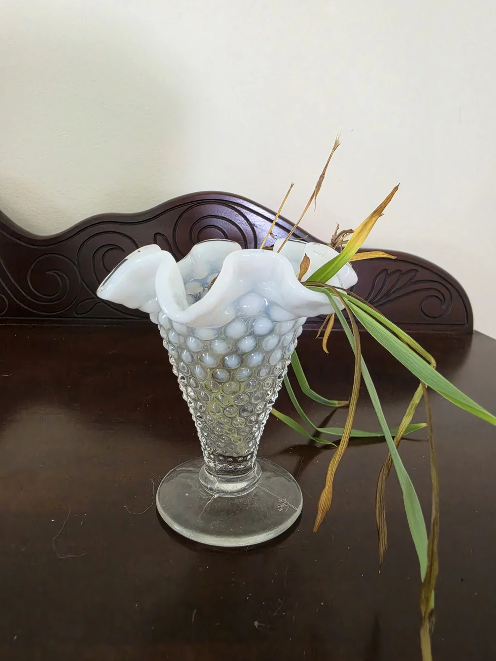 Fenton White Hobnail Ruffled Top Vase